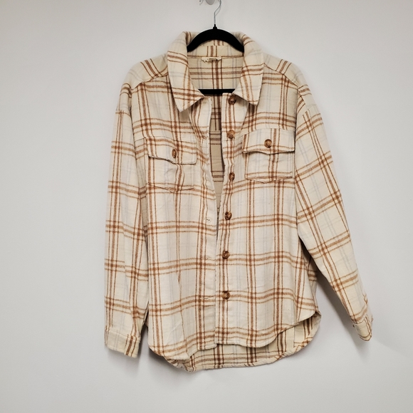 La Hearts Tops - L.A. Hearts Plaid Shacket Button Down Shirt M/L Cream Brown Soft Thick Wool